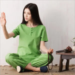 Quality Cotton linen Kungfu Suits Top + Pants Exercise Clothing Lady Summer Meditation Clothes Short sleeved Yoga apparel