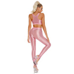 Womens Glossy Gymnastics Set U Neck Crop Tank Top with High Waist Stirrup Leggings Tights Slim Fit Yoga Sportswear