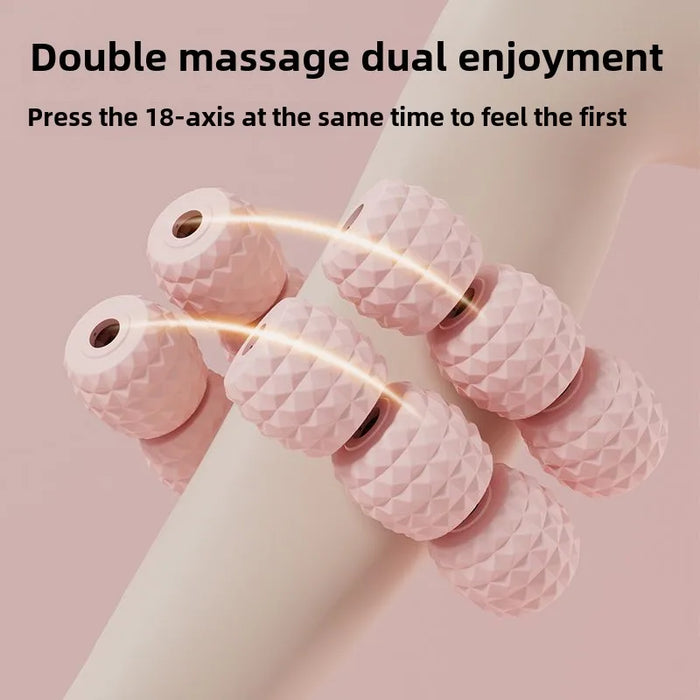 18-Round Leg Slimming Massage Roller β Circular Muscle Stretch Clamp on an arm showing the dual massage feature.