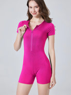 Women Short sleeve jumpsuit half zip bodysuit yoga and fitness sportswear athletic apparel gym romper one pieces