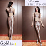Women Oil Glossy Stretchy Leggings Shiny Metallic Skinny Legging Bodycon Hot Pants Bra for Gym Yoga Dance Running Cycling Sports