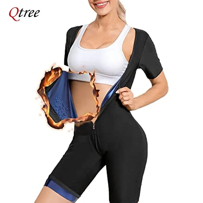 Qtree 3 in 1 Full Body Shaper Sauna Suit Sweat Vest Women Waist Trainer Zipper Slimming Body Shaper Workout with Sleeve Shorts