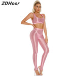 Womens Glossy Gymnastics Set U Neck Crop Tank Top with High Waist Stirrup Leggings Tights Slim Fit Yoga Sportswear