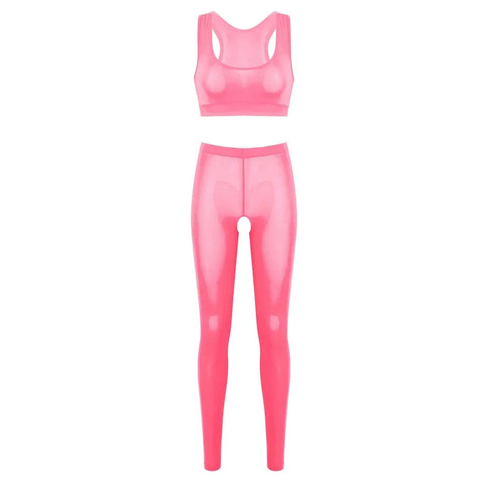 Women See Through Racer Back Vest Crop Top High Waist Open Crotch Long Hot Pants Lingerie   Yoga Suit Nightwear Dance Wear