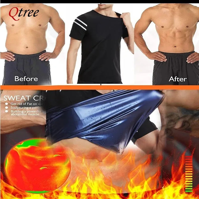 Qtree Men Slimming Sauna Jacket Hot Thermo Fat Burner Sweat Compression Vest Short-sleeved Body Shaper Weight Loss Waist Trainer