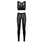 Women See Through Racer Back Vest Crop Top High Waist Open Crotch Long Hot Pants Lingerie   Yoga Suit Nightwear Dance Wear