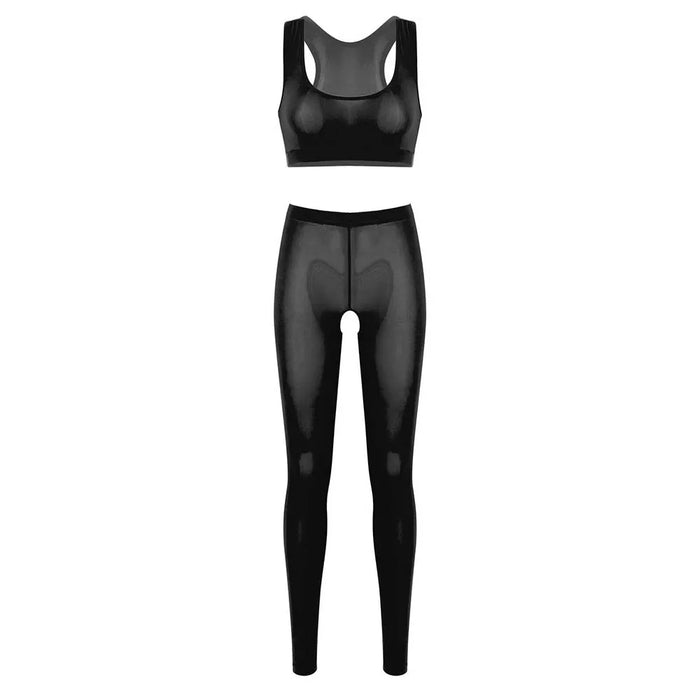 Women See Through Racer Back Vest Crop Top High Waist Open Crotch Long Hot Pants Lingerie   Yoga Suit Nightwear Dance Wear