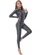 Women Oil Glossy Stretchy Two-piece Set Sport Tracksuit Yoga Outfit Long Sleeve Tank Top T-shirt with Pants Leggings Swimwear
