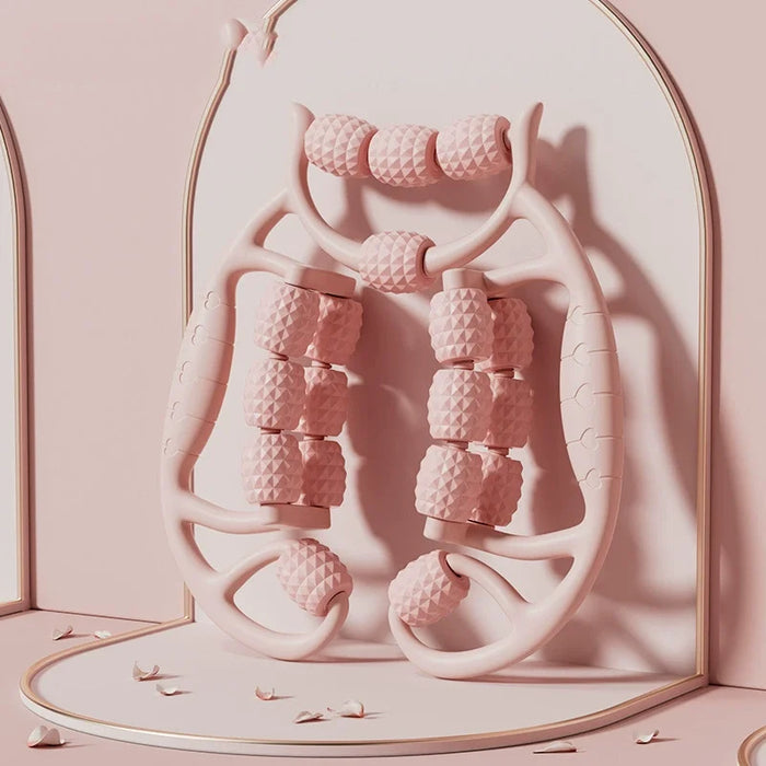 18-Round Leg Slimming Massage Roller β Circular Muscle Stretch Clamp in pink color for effective body massage.