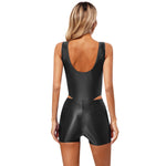 Women Glossy High Cut Backless Sleeveless Bodycon Romper Mid Waist Elastic Waistband Shorts Yoga Sports Fitness Swimming Costume