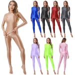 Womens Solid Color Glossy Stretchy Two-piece Set Sport Yoga Outfits Crew Neck Long Sleeve T-shirt Leggings Sexy Lingerie Set