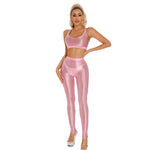 Womens Glossy Gymnastics Set U Neck Crop Tank Top with High Waist Stirrup Leggings Tights Slim Fit Yoga Sportswear