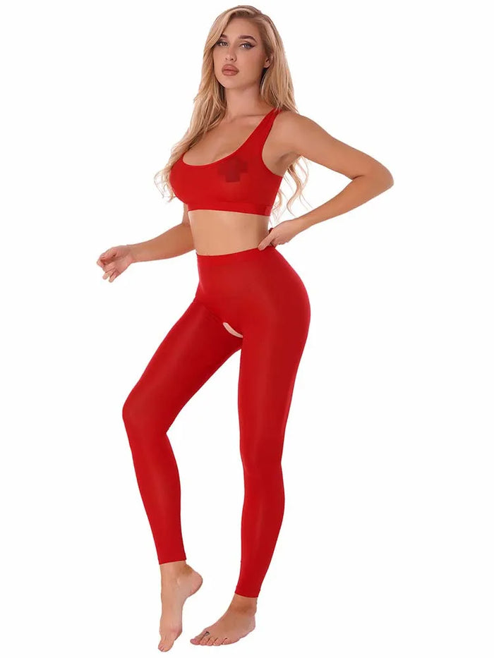 Women See Through Racer Back Vest Crop Top High Waist Open Crotch Long Hot Pants Lingerie   Yoga Suit Nightwear Dance Wear