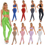 Womens Glossy Gymnastics Set U Neck Crop Tank Top with High Waist Stirrup Leggings Tights Slim Fit Yoga Sportswear