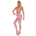 Womens Glossy Gymnastics Set U Neck Crop Tank Top with High Waist Stirrup Leggings Tights Slim Fit Yoga Sportswear