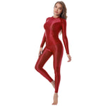 Womens Solid Color Glossy Stretchy Two-piece Set Sport Yoga Outfits Crew Neck Long Sleeve T-shirt Leggings Sexy Lingerie Set