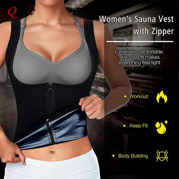 Qtree Women Sauna Suit Sweat Slimming Vest Body Shaper Jumpsuit Shapewear Zipper Waist Trainer Top Weight Loss Burner Fat Corset