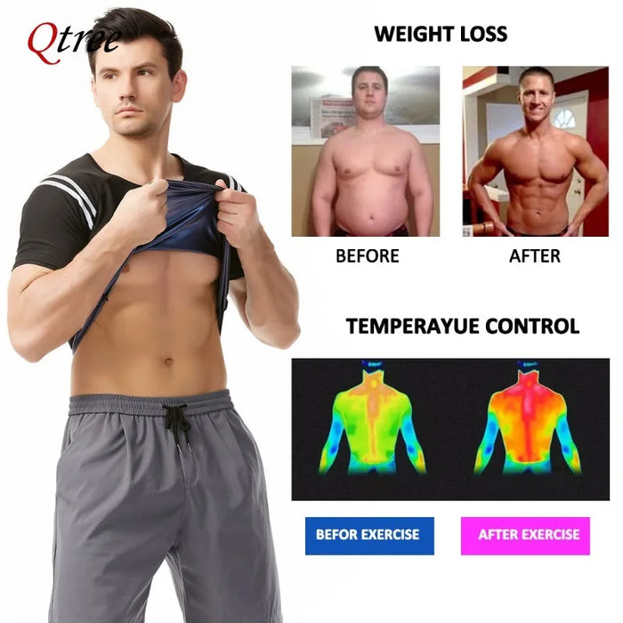 Qtree Men Slimming Sauna Jacket Hot Thermo Fat Burner Sweat Compression Vest Short-sleeved Body Shaper Weight Loss Waist Trainer
