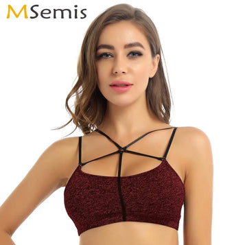 Womens Summer Fashion Gym Yoga Bra Spaghetti Straps Sexy Strappy Web Details Bralette Tops Workout Sports Pullover Mini Crop Top