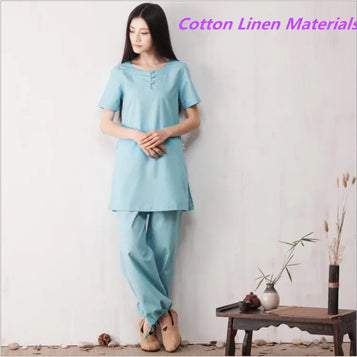 Quality Cotton linen Kungfu Suits Top + Pants Exercise Clothing Lady Summer Meditation Clothes Short sleeved Yoga apparel