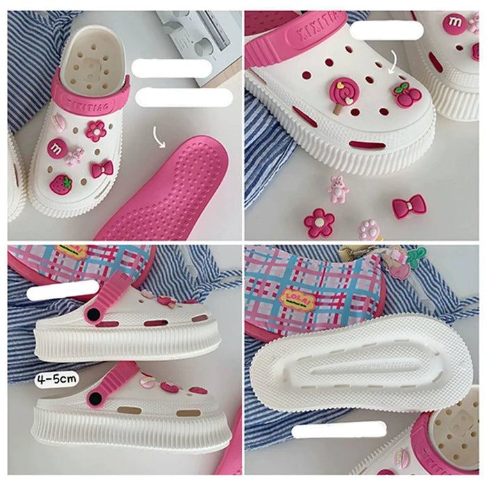 2023 New EVA Thick Sole Hole Shoes Women's Summer Solid Cute Candy DIY Sandals and Slippers Increase Anti Slip Beach Shoes Women