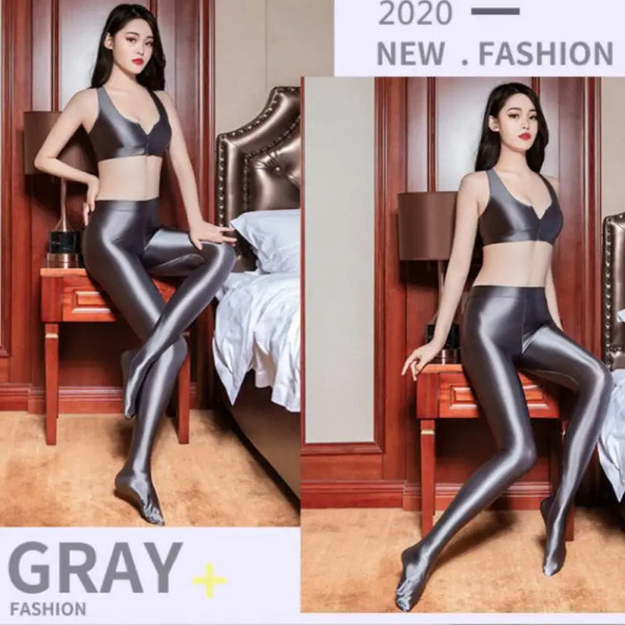 Women Oil Glossy Stretchy Leggings Shiny Metallic Skinny Legging Bodycon Hot Pants Bra for Gym Yoga Dance Running Cycling Sports