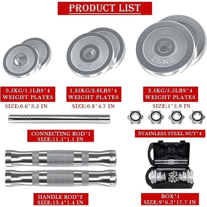 Fitness Dumbbells Set, Adjustable Weight Sets up to 44/66Lbs, with Metal Connecting Rod Used As Barbell, Chromed Weights,