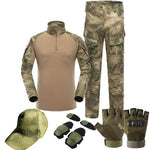 Tactical Camouflage Uniform Set – Durable Medical & Field Gear for men including shirt, pants, hat, gloves, and knee pads.