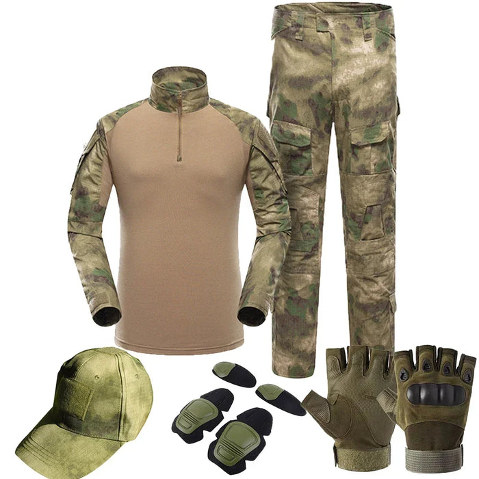 Tactical Camouflage Uniform Set – Durable Medical & Field Gear for men including shirt, pants, hat, gloves, and knee pads.