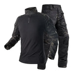 Tactical camouflage uniform set showcasing a lightweight top and cargo pants for medical and field performance.
