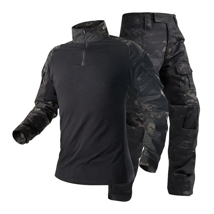 Tactical camouflage uniform set showcasing a lightweight top and cargo pants for medical and field performance.