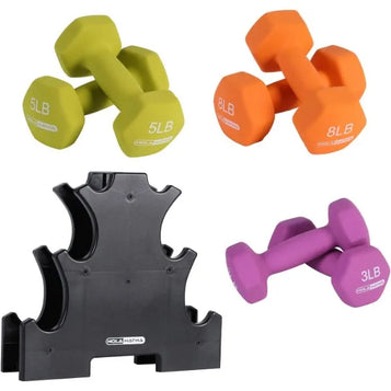 HolaHatha 2, 3, 5, 8, and 10 Pound Neoprene Dumbbell Free Hand Weight Set with Rack, Ideal for Home Exercises to Gain Tone