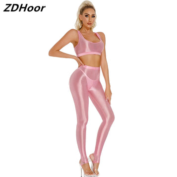 Womens Glossy Gymnastics Set U Neck Crop Tank Top with High Waist Stirrup Leggings Tights Slim Fit Yoga Sportswear