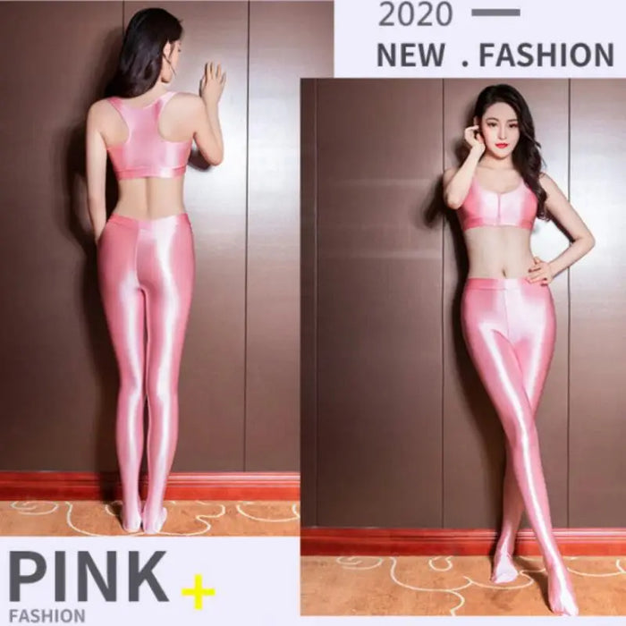 Women Oil Glossy Stretchy Leggings Shiny Metallic Skinny Legging Bodycon Hot Pants Bra for Gym Yoga Dance Running Cycling Sports