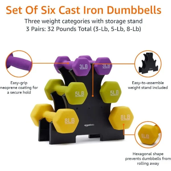 Amazon Basics Neoprene Coated Hexagon Workout Dumbbell Hand Weight Set