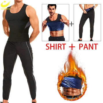 LAZAWG Men Sauna Set Workout Vest Weight Loss Shirt High Waisted Sweat Pants Sweat Suit Waist Trainer Body Shaper Polyester Top