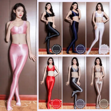 Women Oil Glossy Stretchy Leggings Shiny Metallic Skinny Legging Bodycon Hot Pants Bra for Gym Yoga Dance Running Cycling Sports