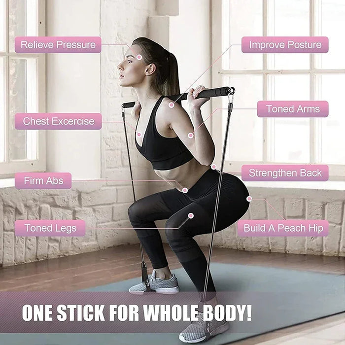 Pilates Bar Kit with Resistance Bands Set Gym Elastic Bands for Workout Stackable Up to 500LBS 3-Section Detachable Workout Bar