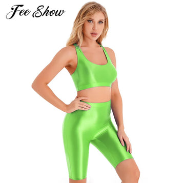 Women's Exotic Sets Sleeveless Crop Top High Waist Shorts Yoga Sets Two-piece Swimming Suits Swimwear Glossy Fitness Sportswear