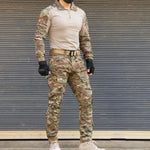 Tactical camouflage uniform set displayed on a model, showcasing durability and comfort for medical and field performance.