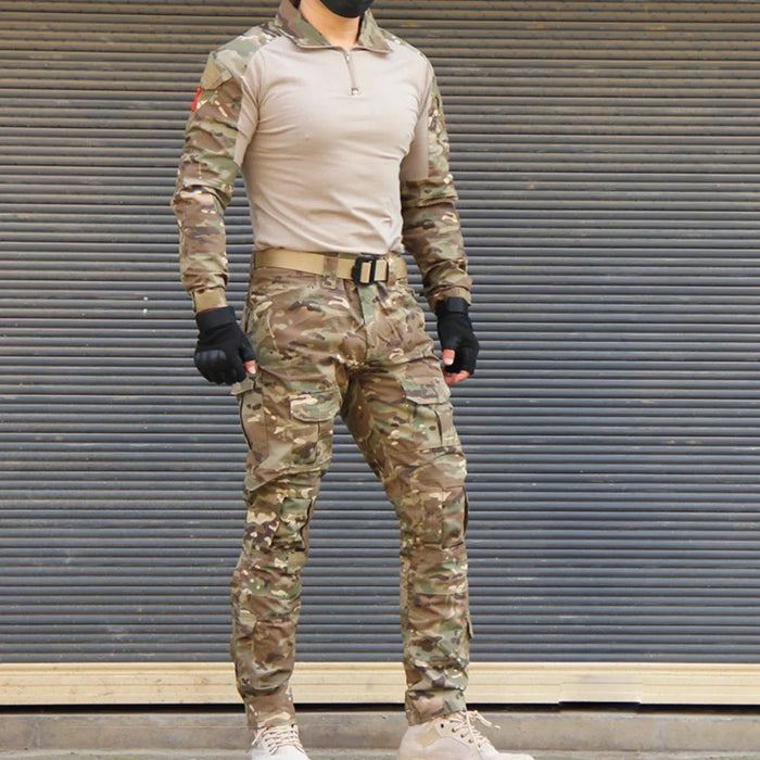 Tactical camouflage uniform set displayed on a model, showcasing durability and comfort for medical and field performance.
