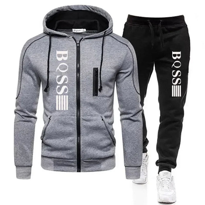 Men's Autumn Tracksuit Set – 2 Piece Jogging & Fitness Suit in gray and black with logo design.