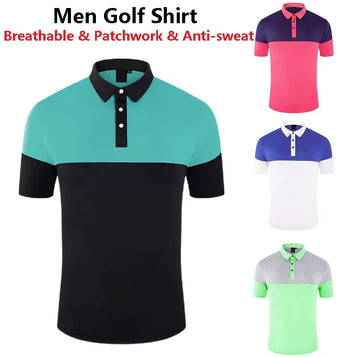 Men Patchwork Short Sleeve Golf Shirt Male Breathable Anti-sweat Workout T-shirt Men Turn Down Collar Sport Tops Casual Apparel