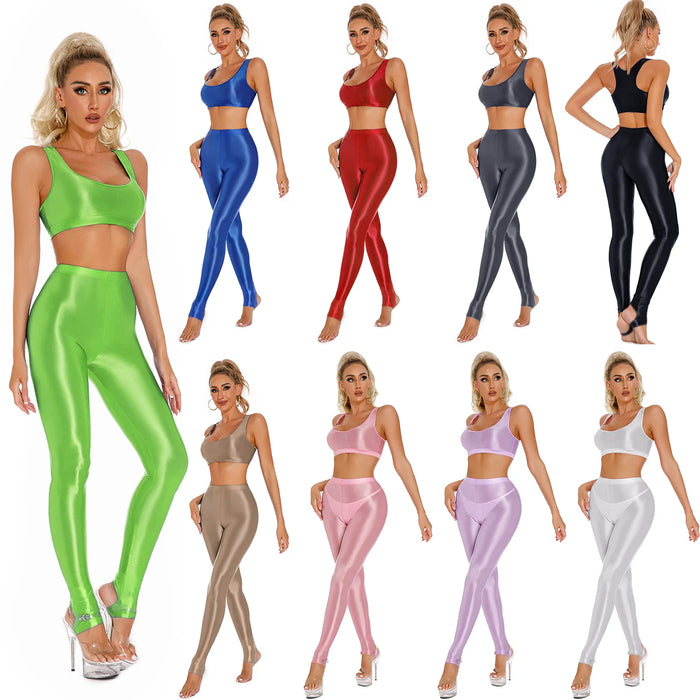 Womens Glossy Gymnastics Set U Neck Crop Tank Top with High Waist Stirrup Leggings Tights Slim Fit Yoga Sportswear