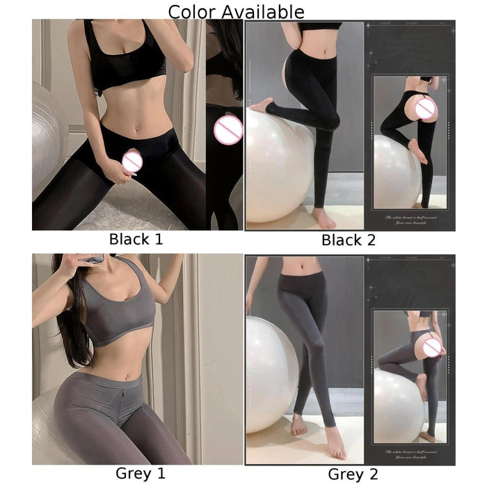 Women Sexy Pants Tops Set Smooth Open Crotch Yoga Pants Underwear Stockings Tight Fit Crotchless Seductive Erotic Lingerie Suits