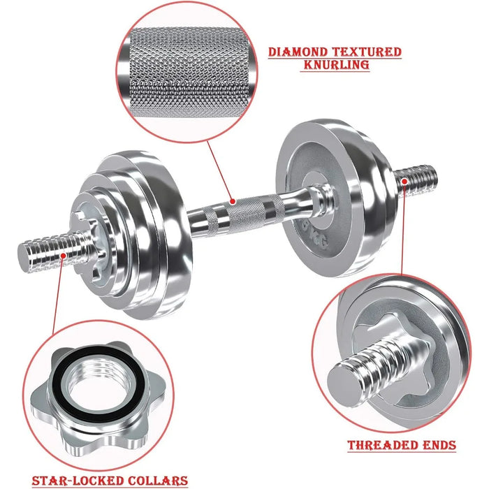Fitness Dumbbells Set, Adjustable Weight Sets up to 44/66Lbs, with Metal Connecting Rod Used As Barbell, Chromed Weights,