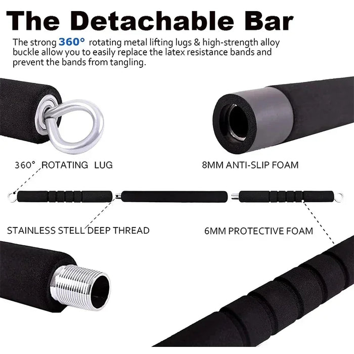 Pilates Bar Kit with Resistance Bands Set Gym Elastic Bands for Workout Stackable Up to 500LBS 3-Section Detachable Workout Bar